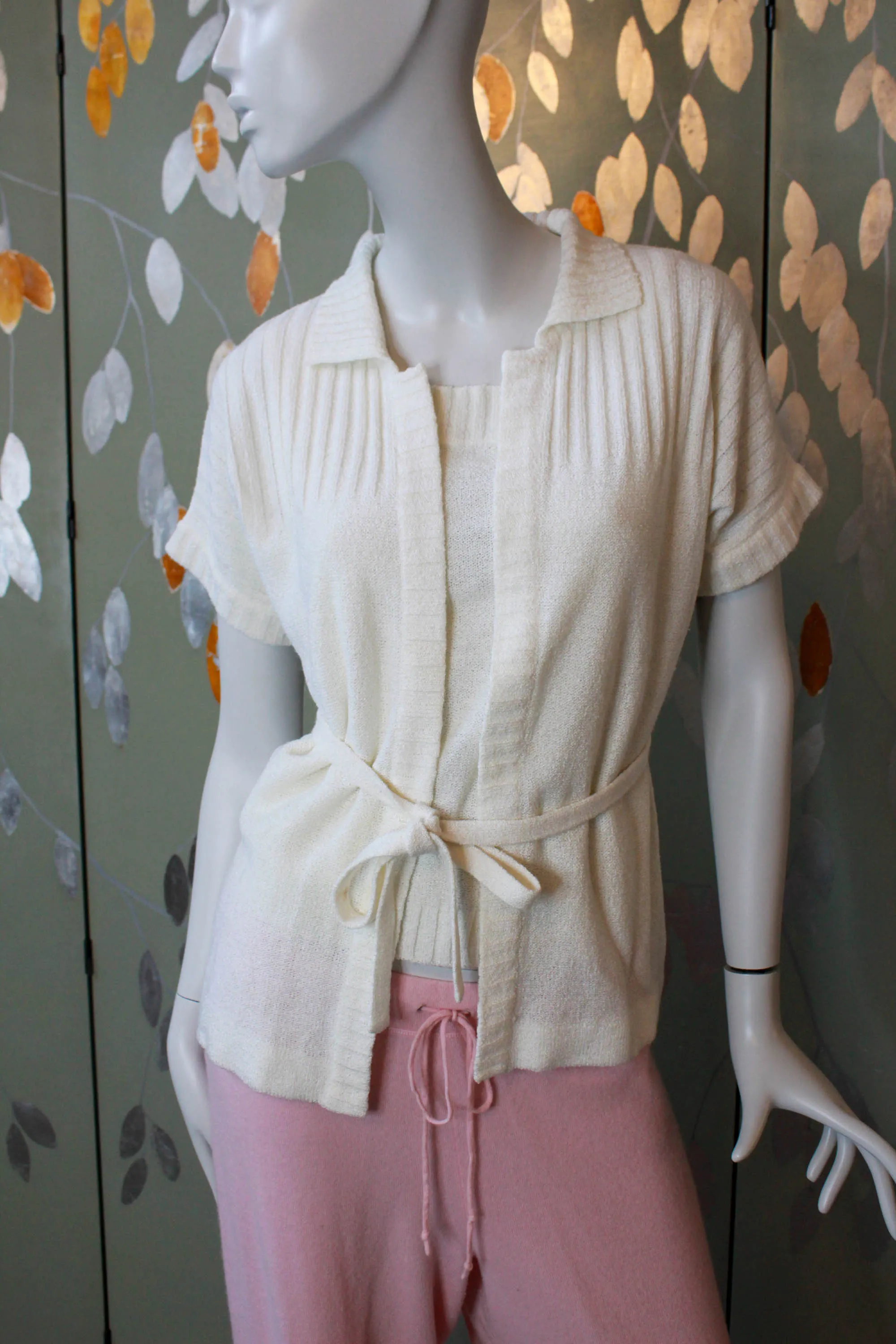 70s White Knit Camisole and Cardigan Set, Large