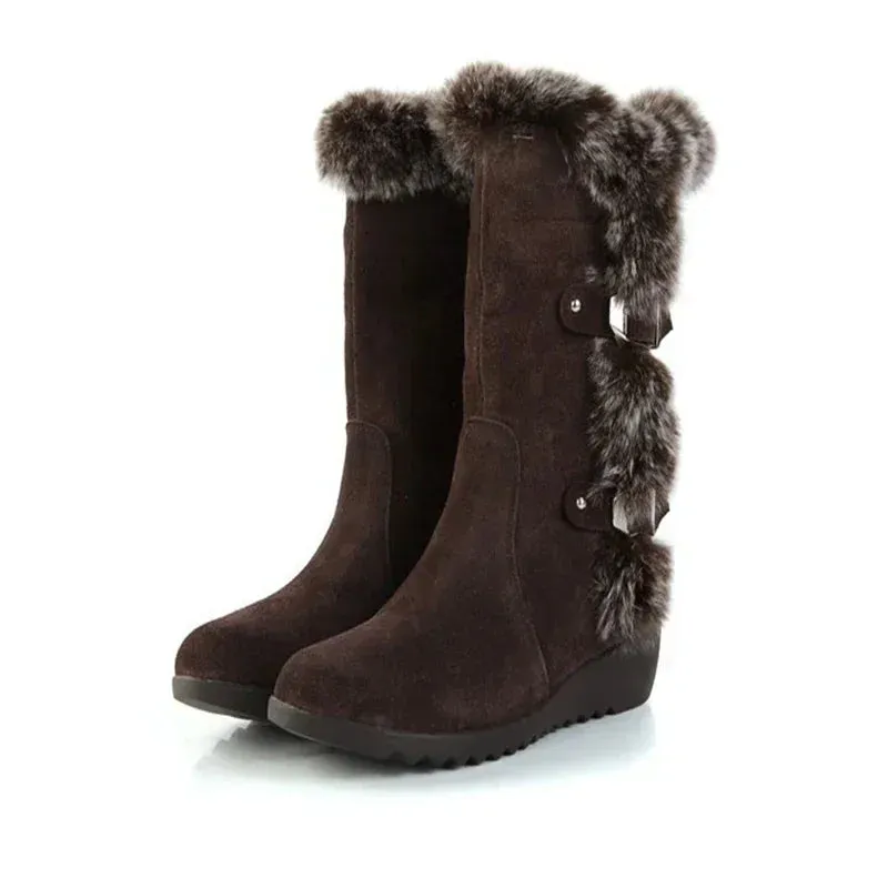 Alaska Womens Fur Snow Boots - Warm Mid Calf Winter Shoes