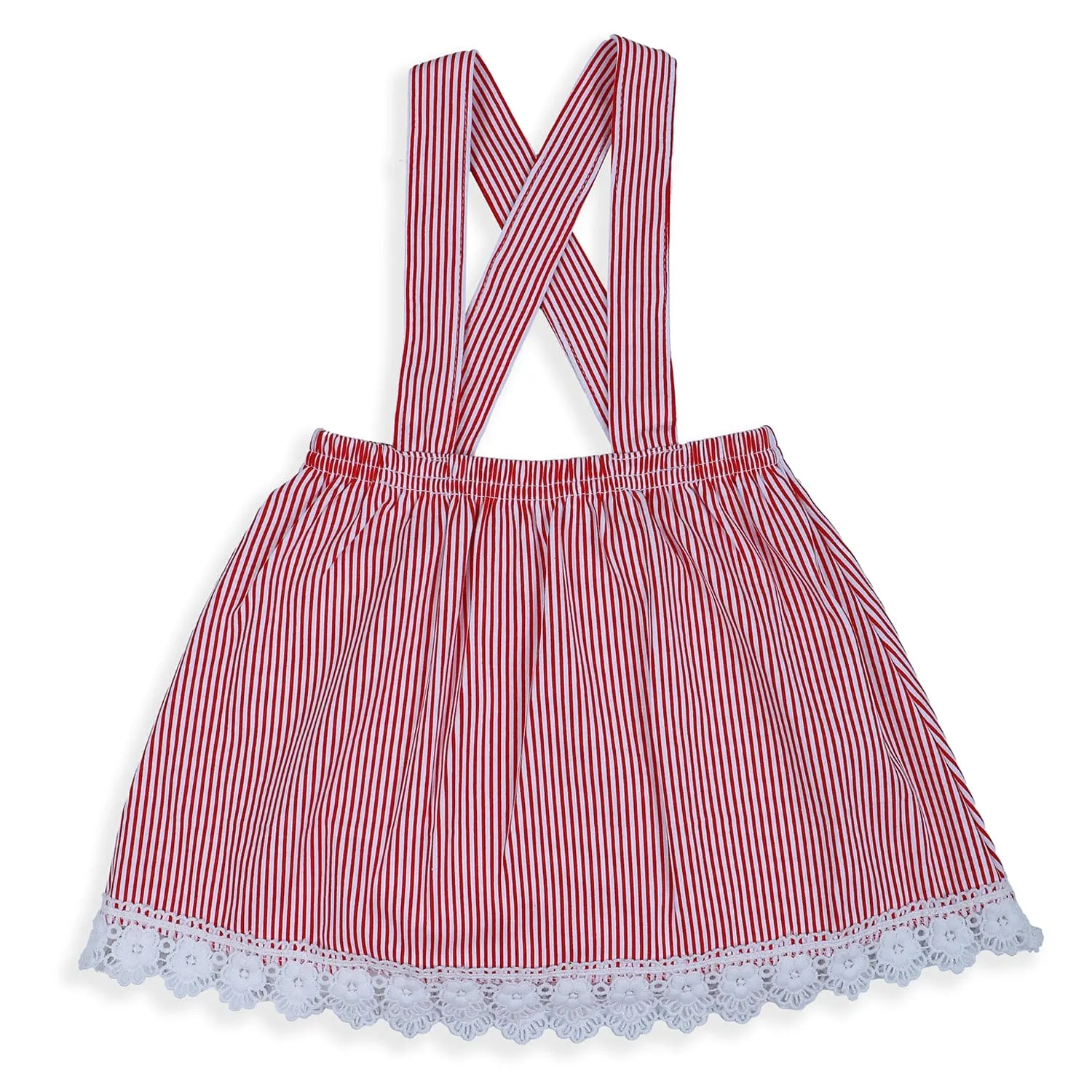 Baby Moo Striped Suspenders Skirt With Lace And Solid Top 2pcs Set - Red