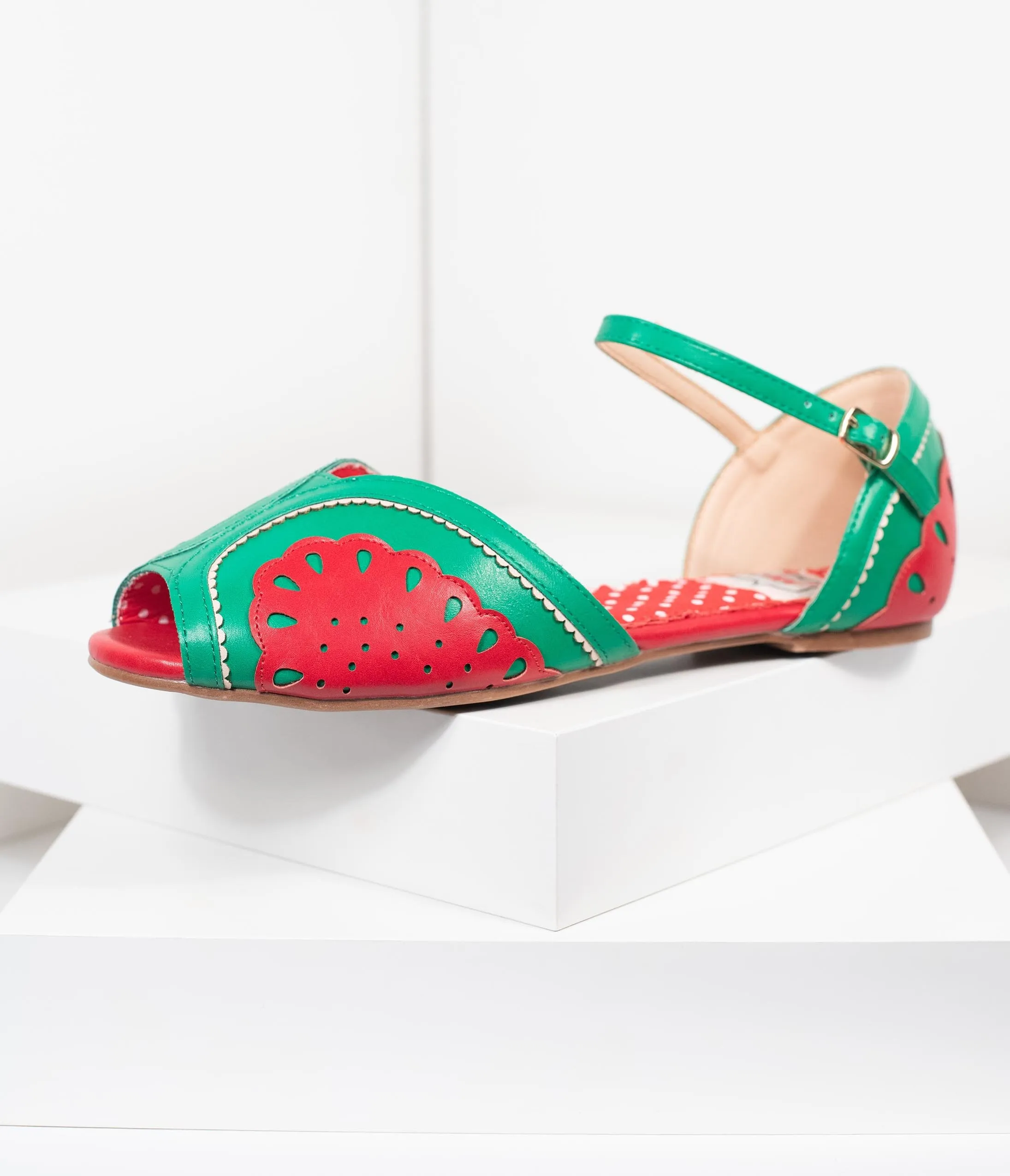 Bettie Page Red & Green Leatherette Peep Toe Fruitie Watermelon Sandals