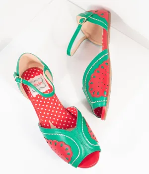 Bettie Page Red & Green Leatherette Peep Toe Fruitie Watermelon Sandals