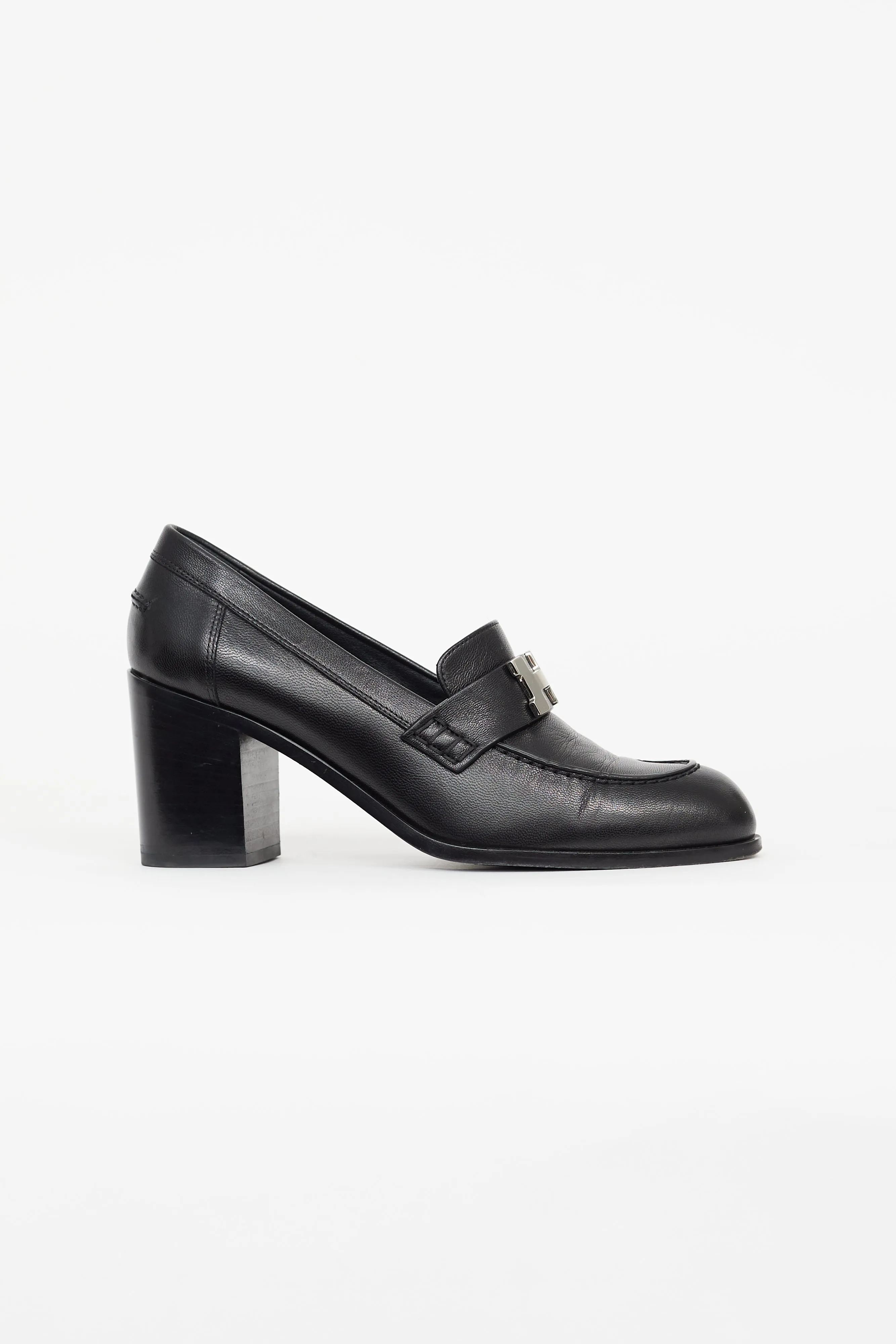 Black Leather Dauphine Heeled Loafer