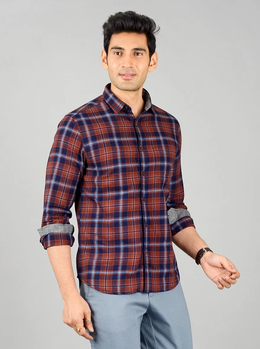 Brown & Blue Checked Slim Fit Casual Shirt | Greenfibre