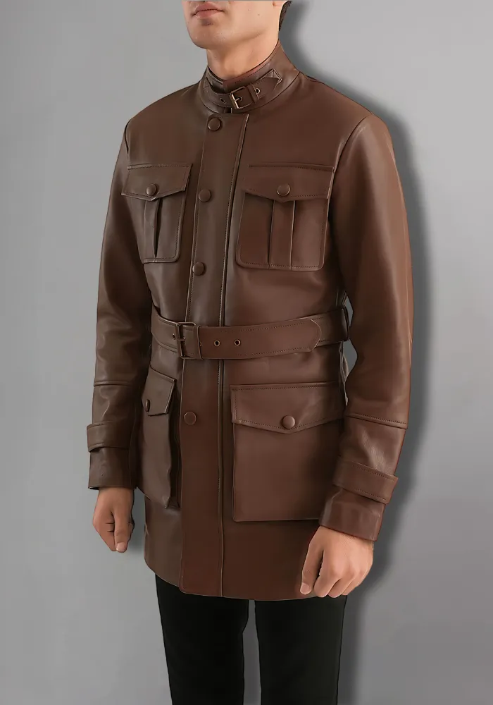 Dark Brown Button Pocket Leather Jacket