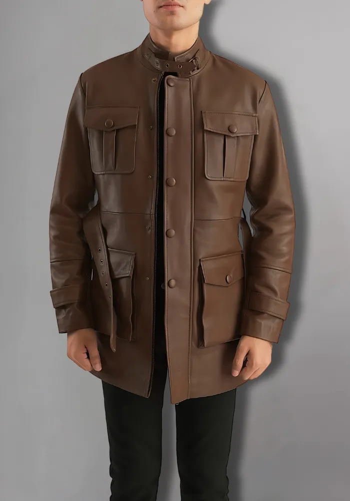 Dark Brown Button Pocket Leather Jacket