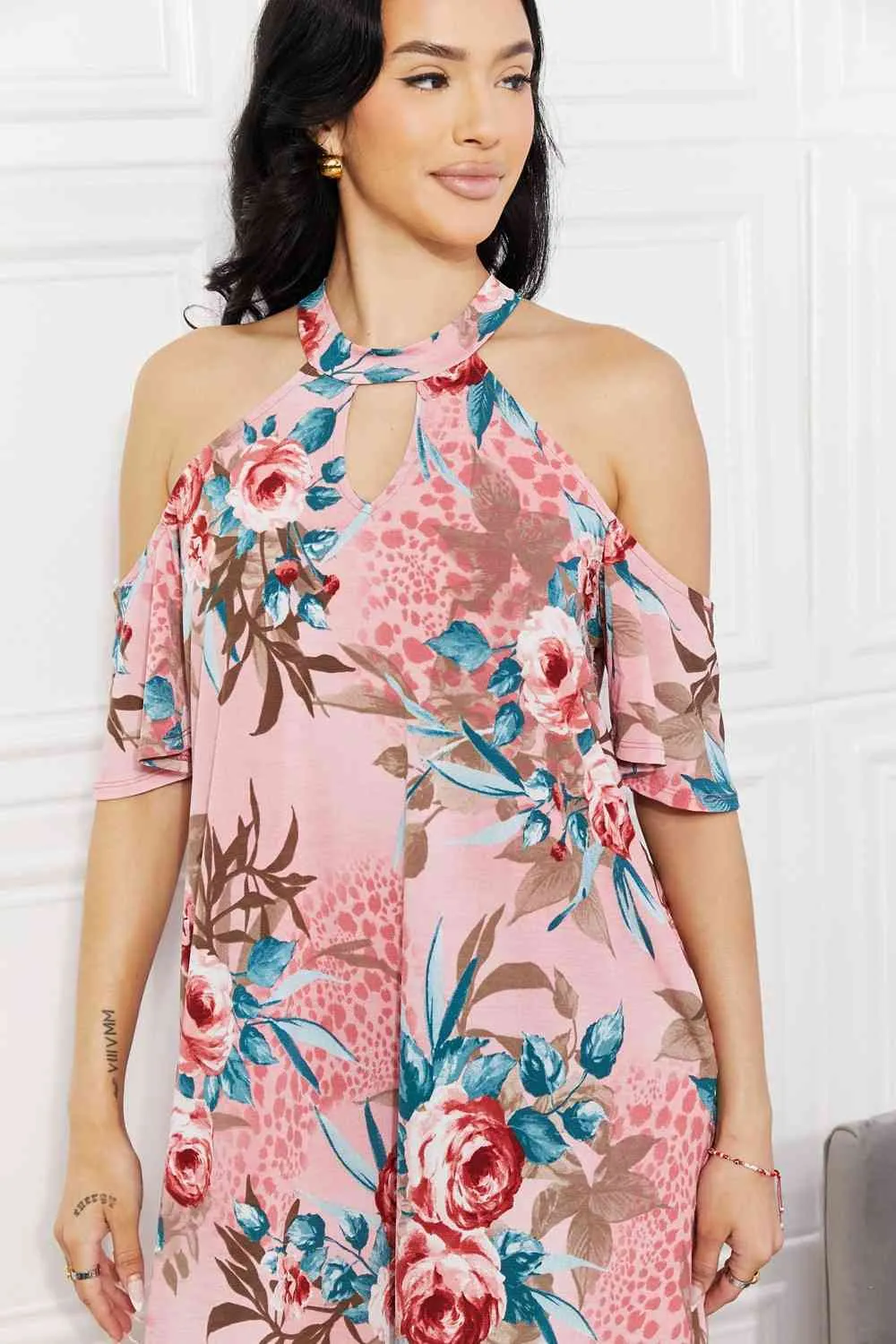 Full Size Fresh-Cut Flowers Cold-Shoulder Dress