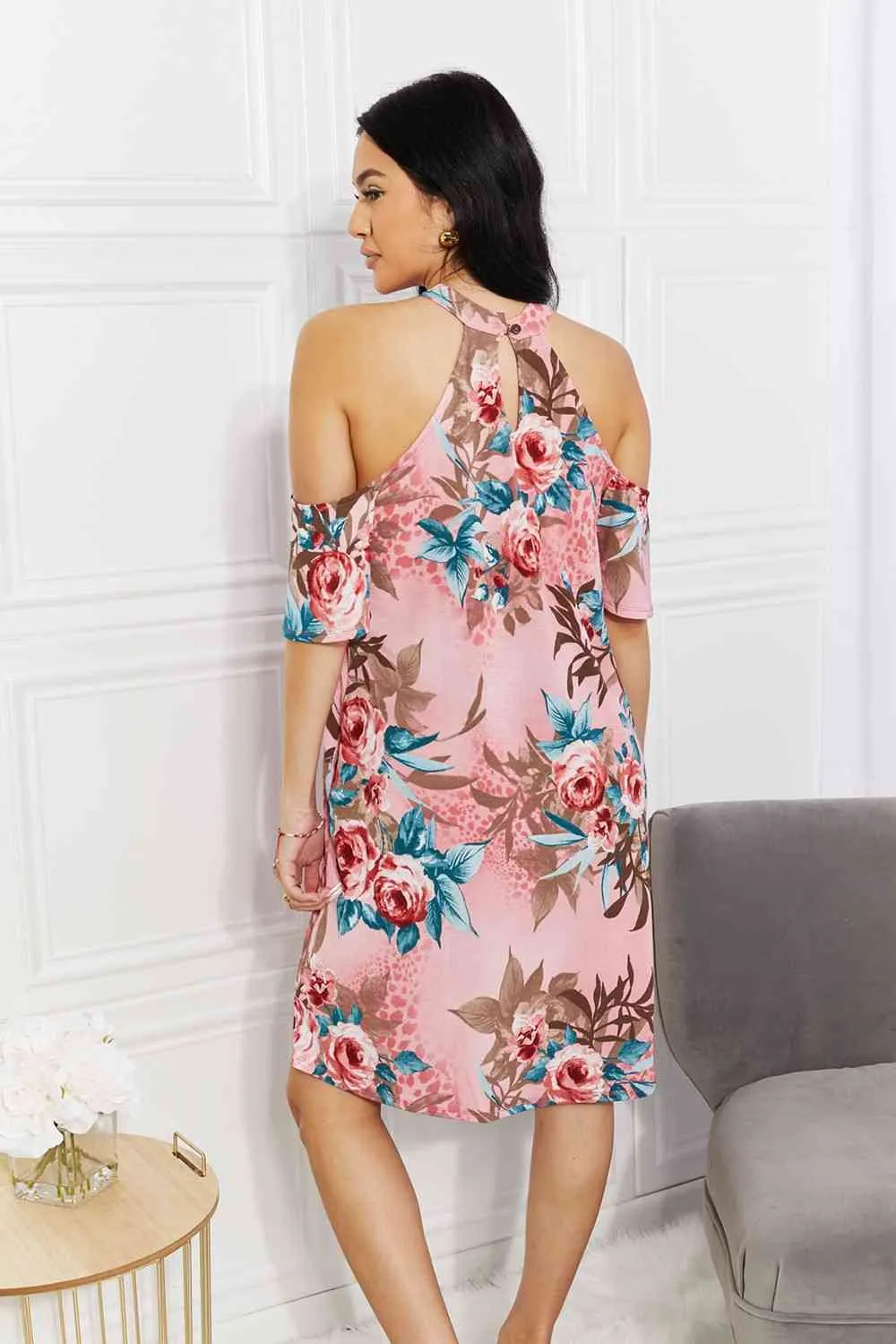 Full Size Fresh-Cut Flowers Cold-Shoulder Dress