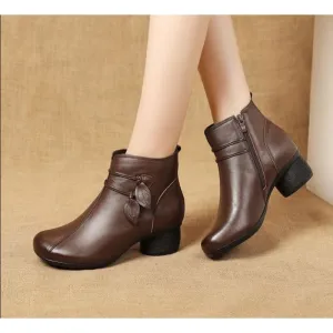 Handmade Genuine Leather Flowers Zipper Retro Warm Winter Boots For Women