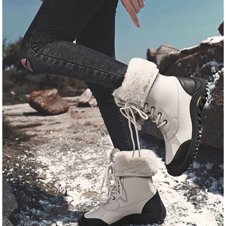 High Top Waterproof Lace-Up Plush Lining Snow PU Leather Boots