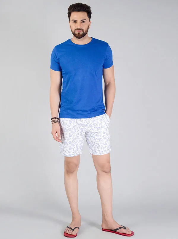 Ice Blue & White Printed Regular Fit Shorts | JadeBlue