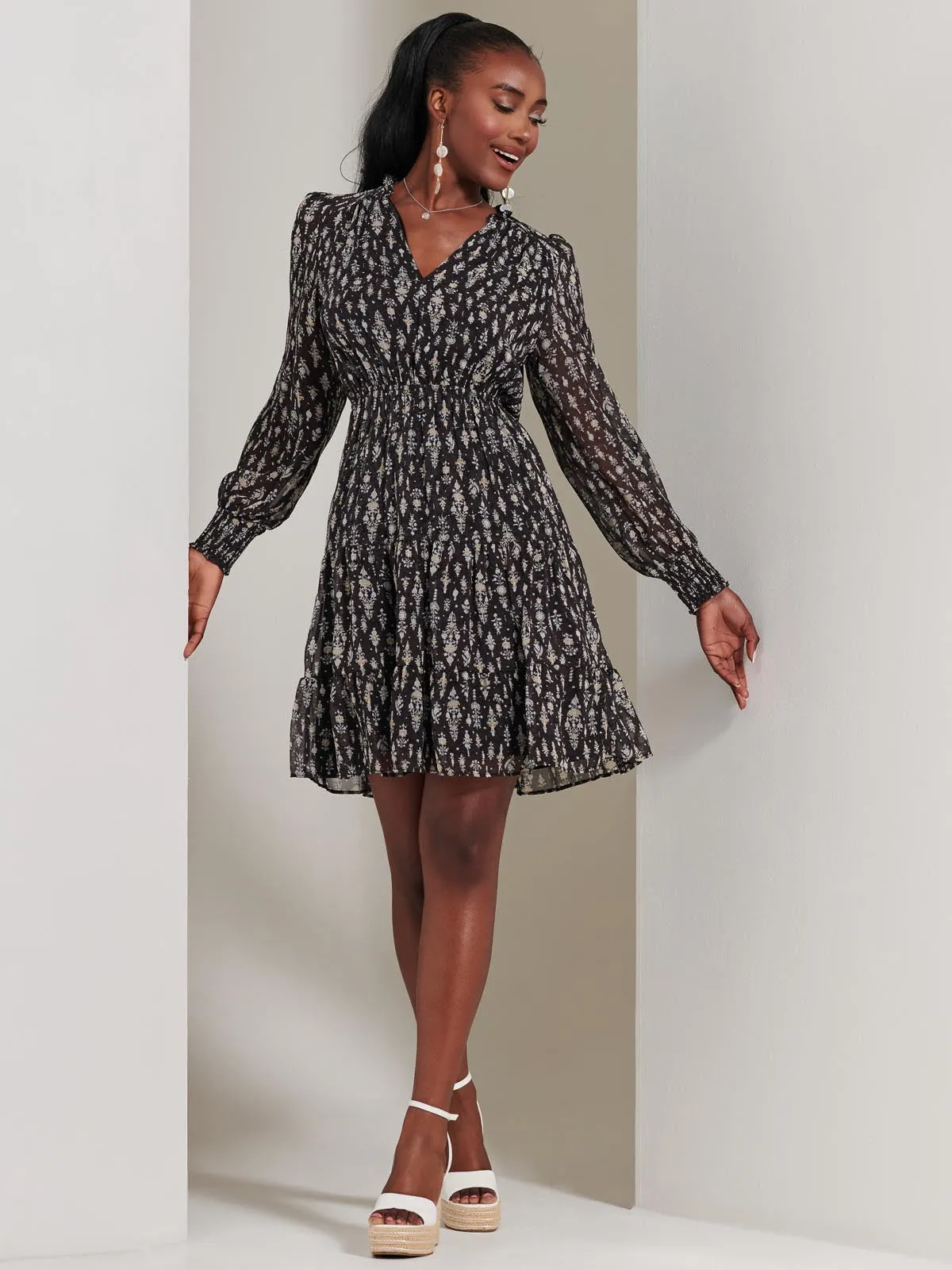 Long Sleeve Chiffon Tiered Mini Dress, Black Pattern