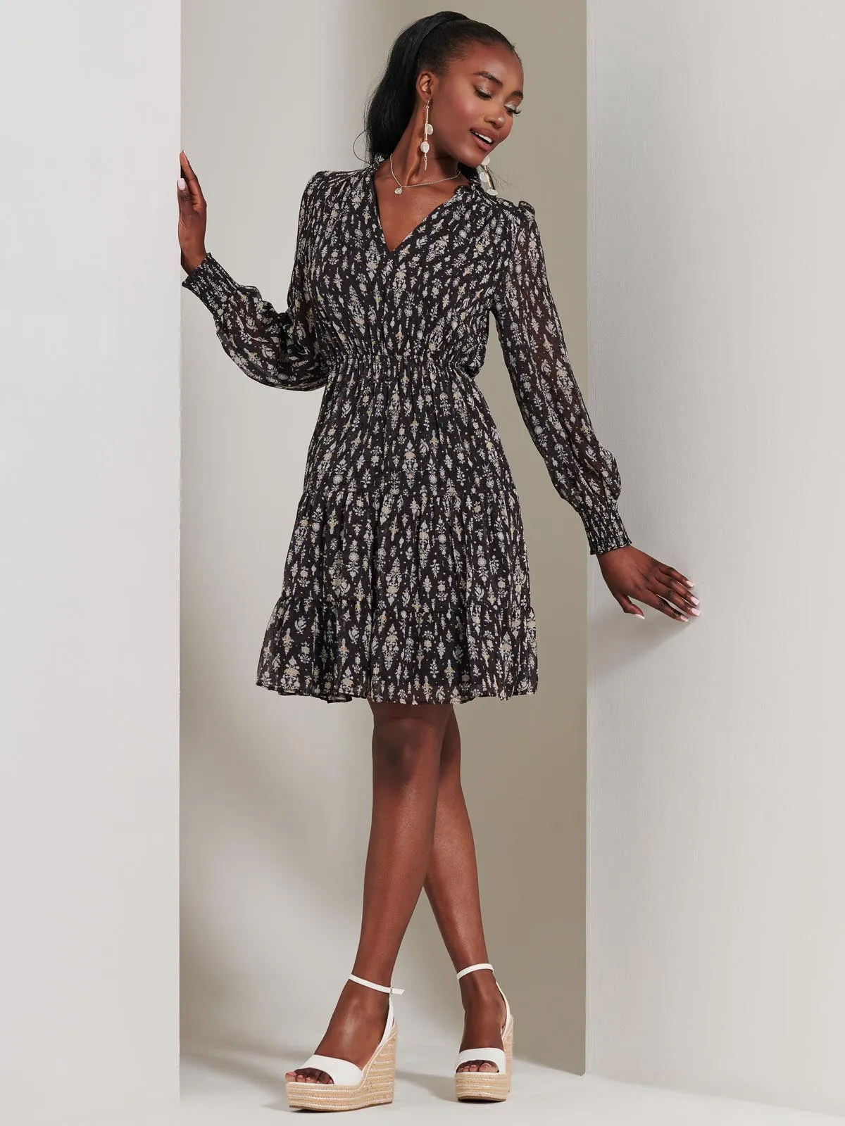 Long Sleeve Chiffon Tiered Mini Dress, Black Pattern