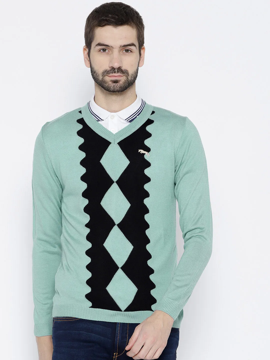 Men Turquoise Blue Colourblocked Pullover