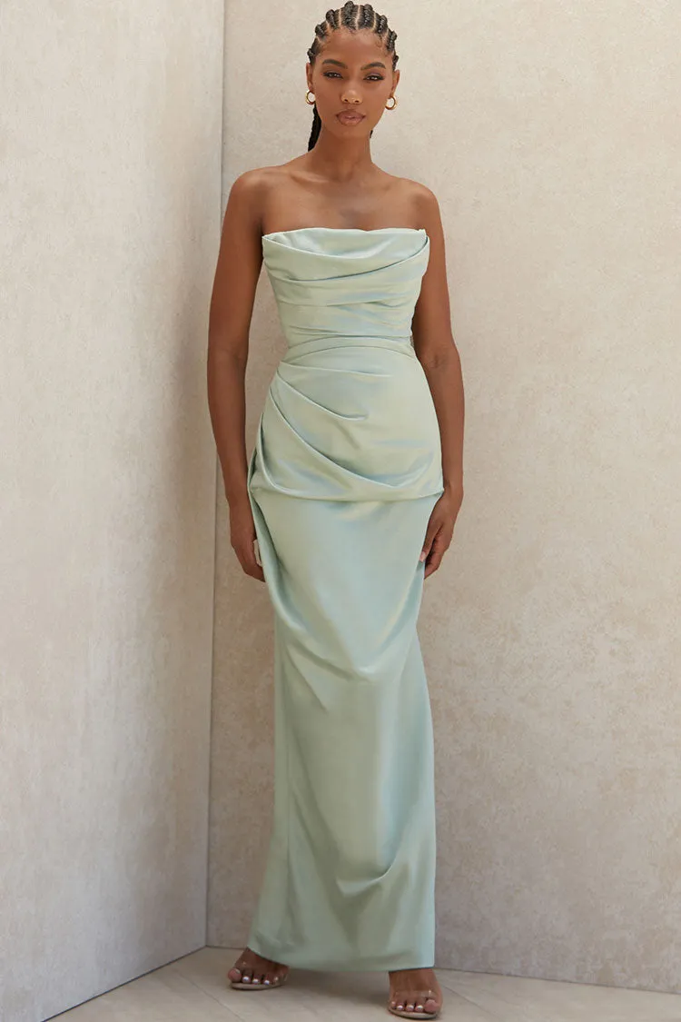 Silky High Slit Strapless Ruched Satin Maxi Dress - Sage Green