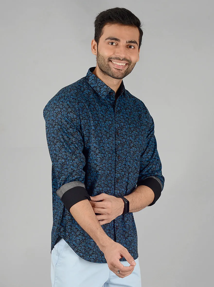 Teal Blue Printed Slim Fit Casual Shirt | Greenfibre