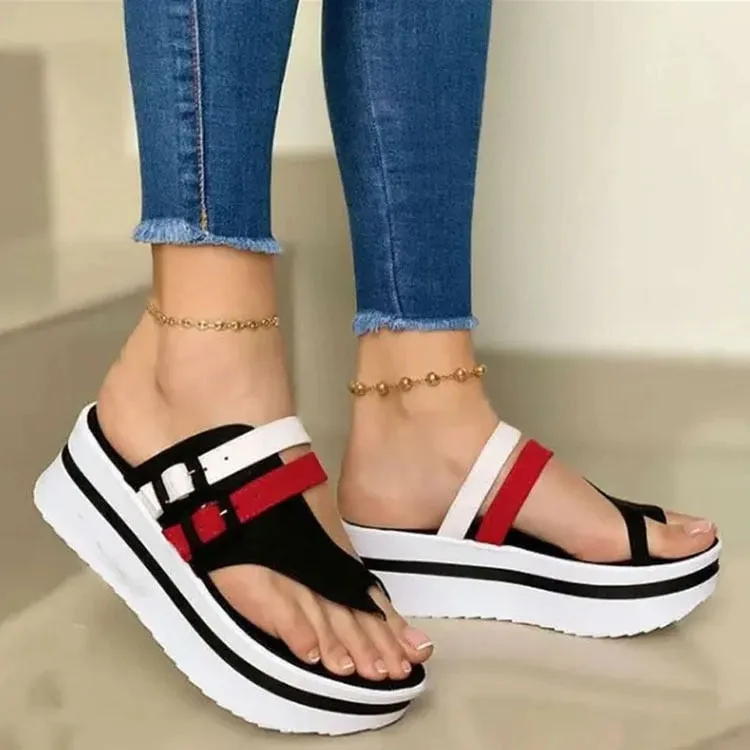 Women Peep Toe Straps Design Flat Platform Wedge Sandals